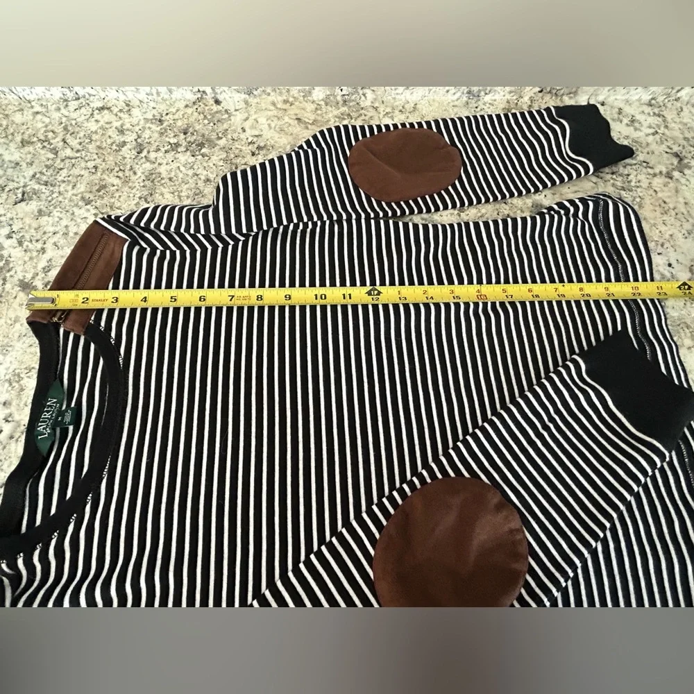 Lauren Ralph Lauren Black White Striped Top Suede Elbow Patches and Accents Sz M - Picture 15 of 15